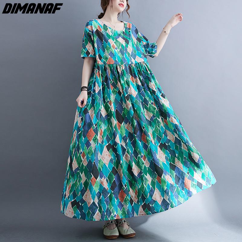 DIMANAF kobiety sukienka letnia Plus rozmiar plażowa sukienka lniana czeski nadruk kwiaty moda Lady Vestidos luźna długa sukienka na co dzień Oversize 9063