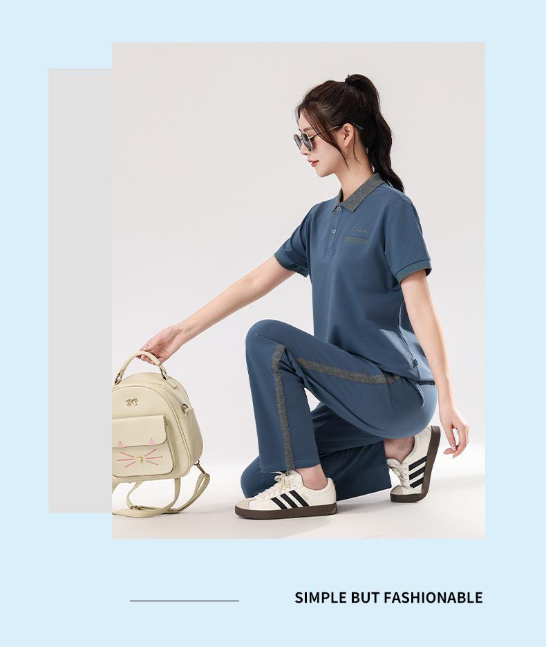 Women's Summer Sportswear Set: Lapel Short Sleeve Top & Loose Long Pants, Plus Size, Casual Two-Piece Running Suit