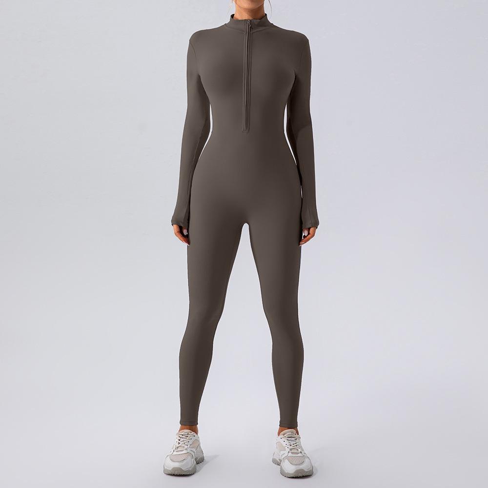 Tuta da Yoga Senza Cuciture a Manica Lunga con Zip e Pantaloncini Modellanti in Vita