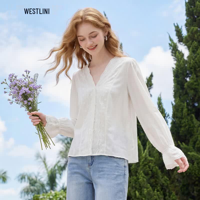 Westlink French V-Neck Lace Long-Sleeve Blouse M