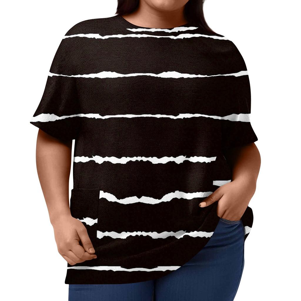 Womens Plus Size Tops Shorts Sleeve Shirts Round Neck Printed Casual Pockets Clothing Clothes Tops