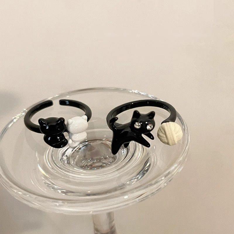 Funny Black Cat Open Rings for Women Fashion Cartoon Cute Kitten Finger Rings Party Jewelry Gift Aesthetic Accessories