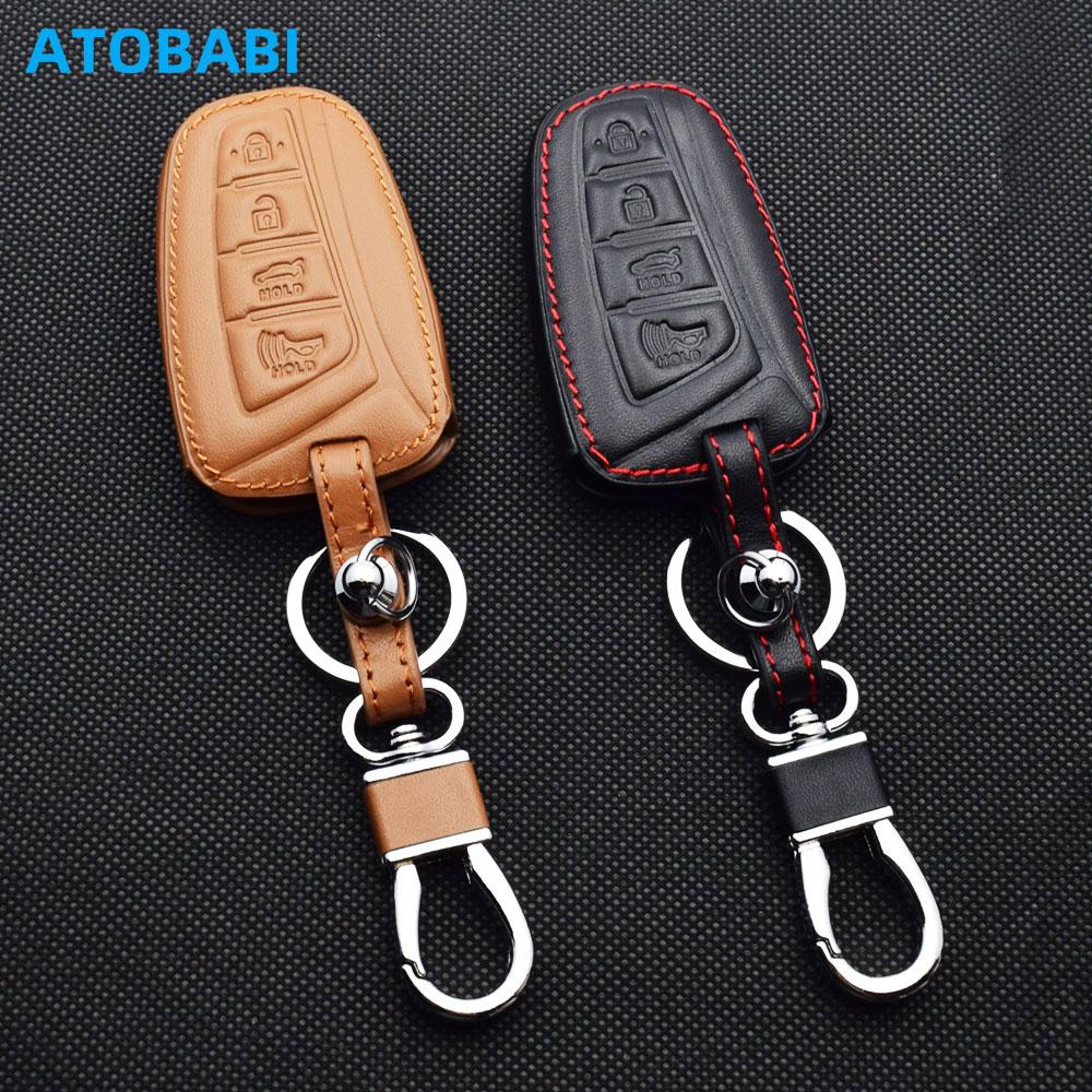 Leather Car Key Cover Bag For Hyundai Santa Fe Sport Equus Genesis Sedan Azera Grandeur Remote Fobs Shell Case Auto Accessories