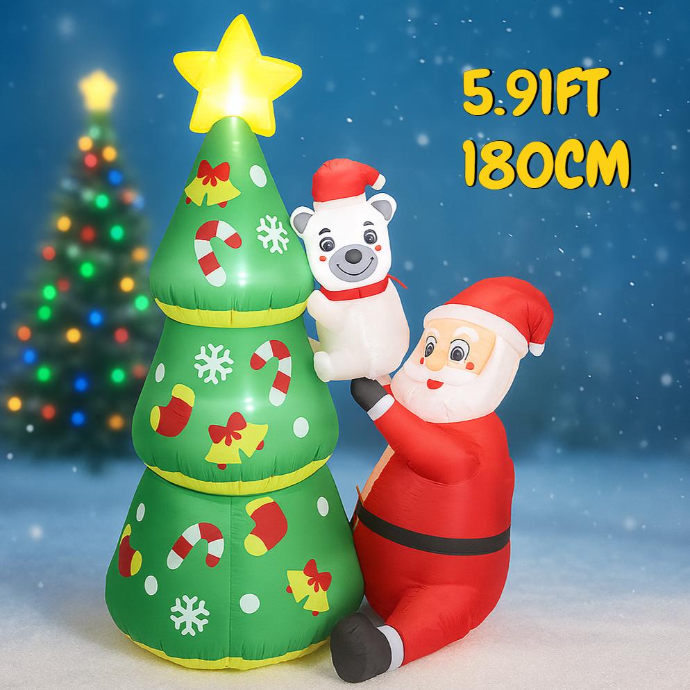 5.91FT Inflatable Toy Santa Polar Bear Christmas Tree LED Lights Festive Gifts Xmas for Yard Supplies Home Decoration Ornaments