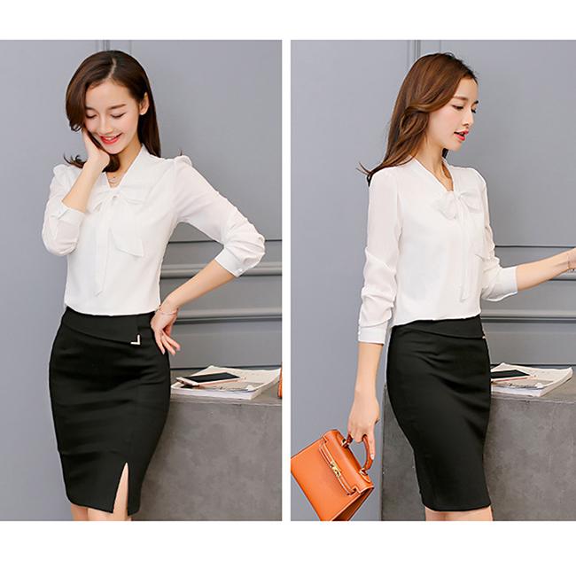 Fashion Casual Chiffon Bow Long Sleeve Shirt Office Women Tops