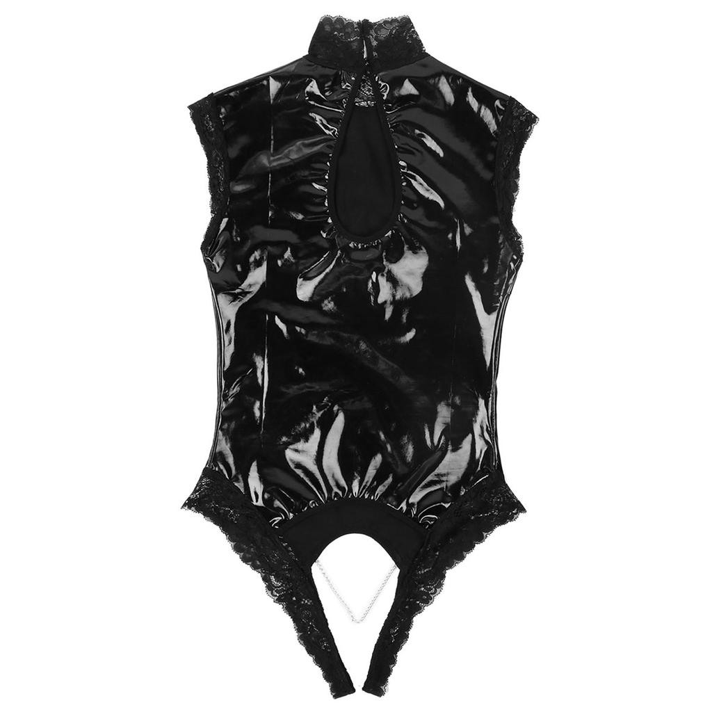 Womens Lingerie Open Breast Crotchless Lace Trimmed Leotard Bodysuit One-piece Wet Look Patent Leather Latex Teddy Clubwear