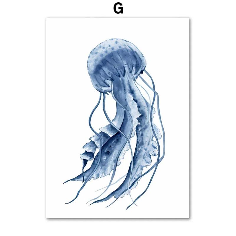 Modern Blue Coastal Sea Life Watercolour Wall Art  HD Canvas Print Poster for Living Room  Bedroom Decor