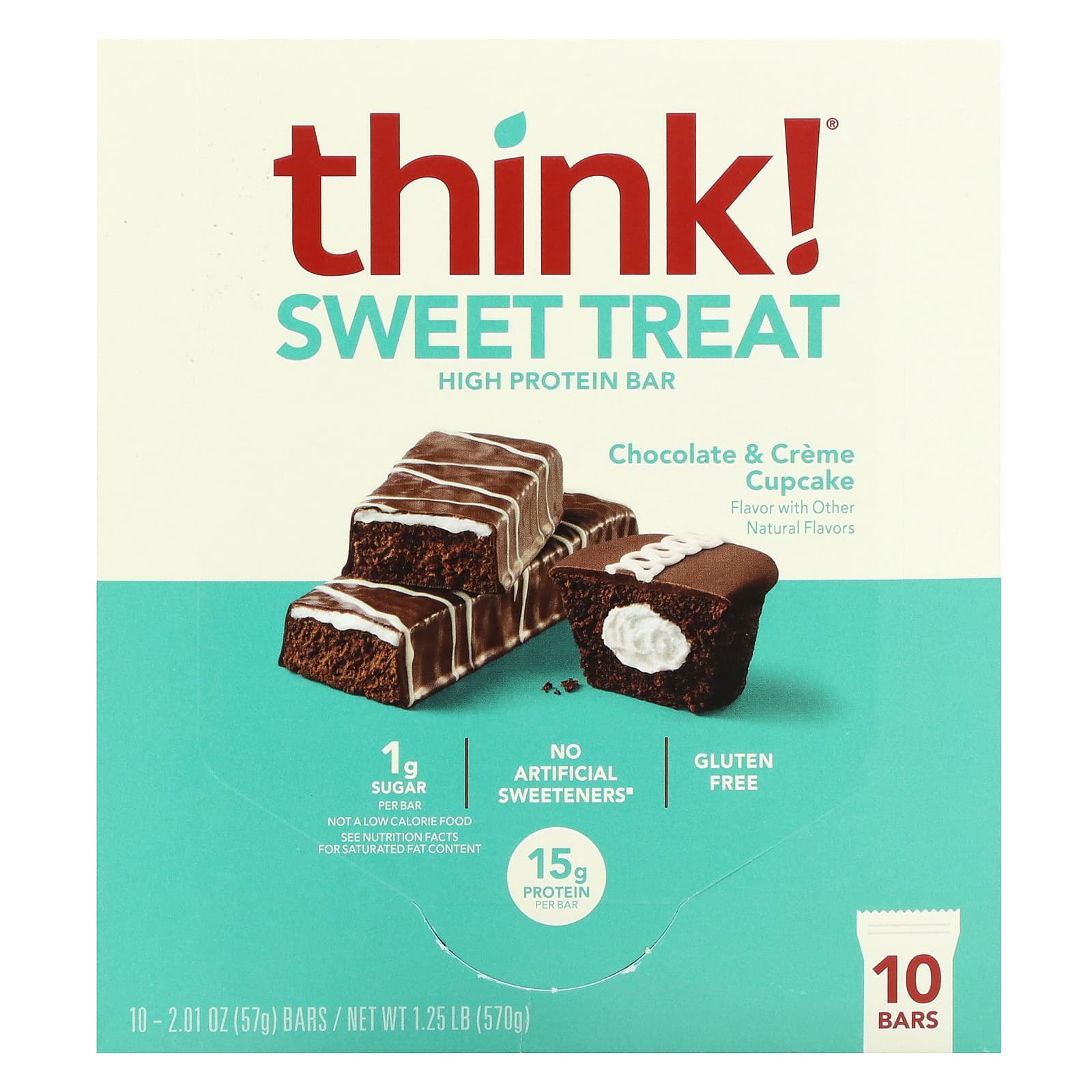 

Think !, Sweet Treat High Protein Bar, Chocolate & Cream Cupcakes, 10-pack, 57g (2.01oz) each
