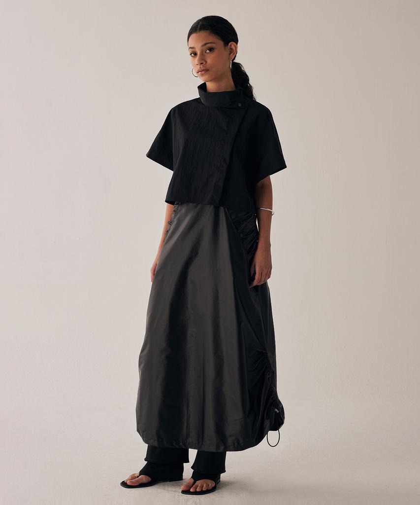 Teulimingbeodeu Shirring Layered Long Skirt [ Black ]