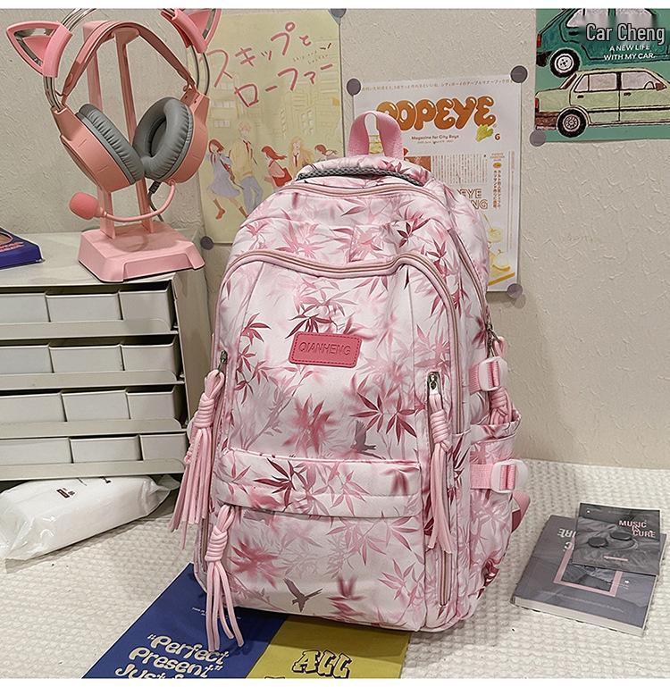 

2025 New Bamboo Leaf Print Backpack for Students - Large Capacity, Multi-Pocket, Unisex Travel Backpack