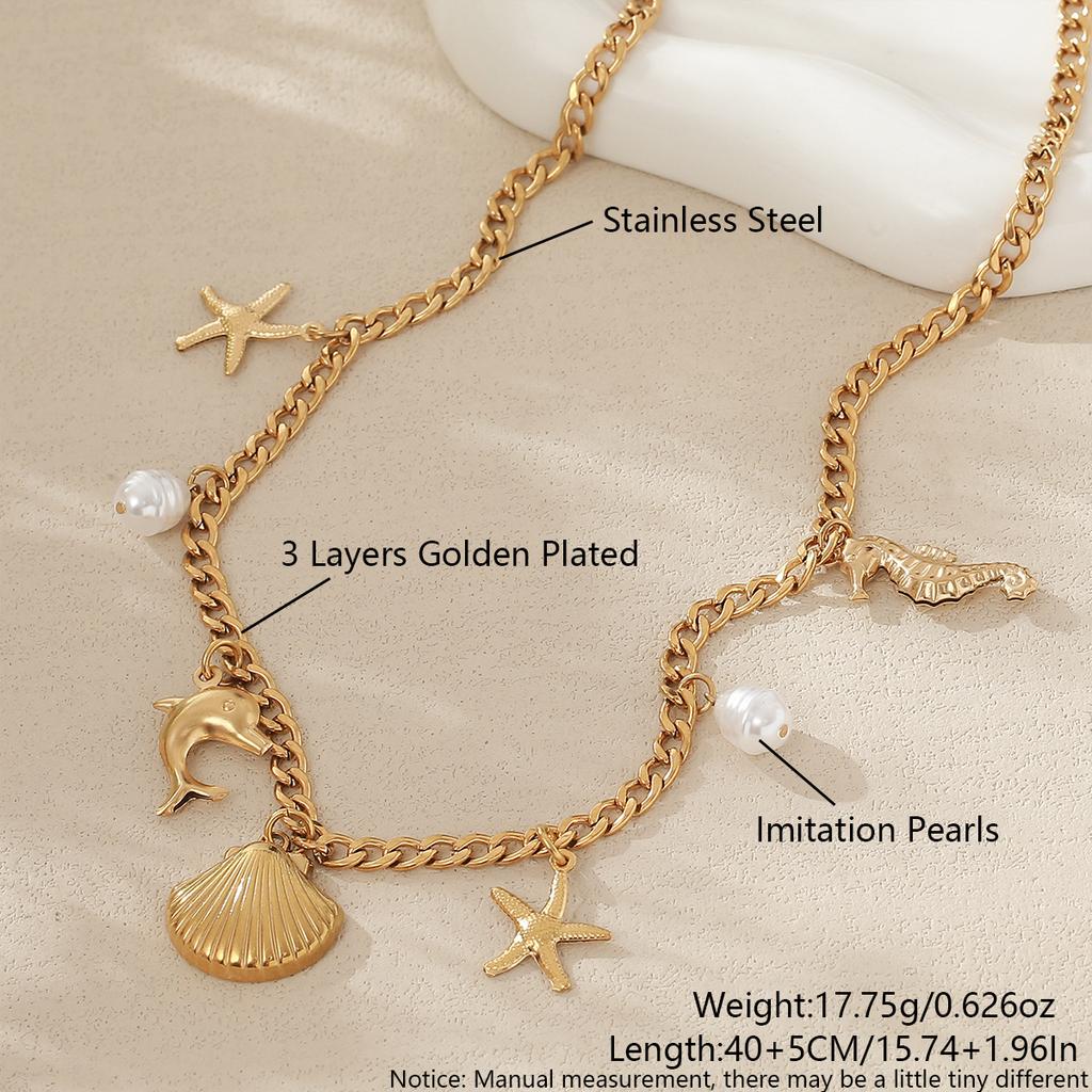 Titanium Steel Necklace - Summer Fashionable Sea Star and Sea Shell Beach Style Ocean Collar Chain
