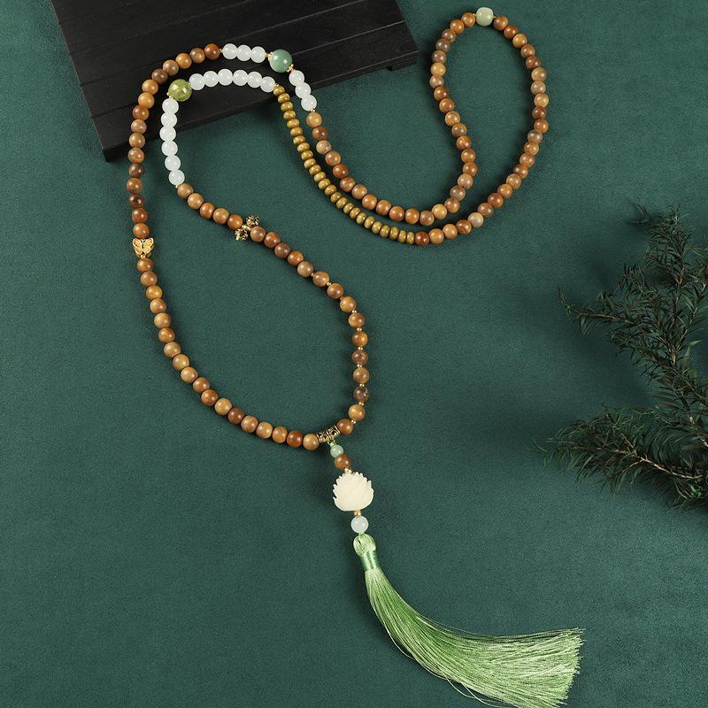 Glazed Beaded Messenger Chain High-end Long Green Sandalwood Fringed Necklace Sweater Chain Accessories Women