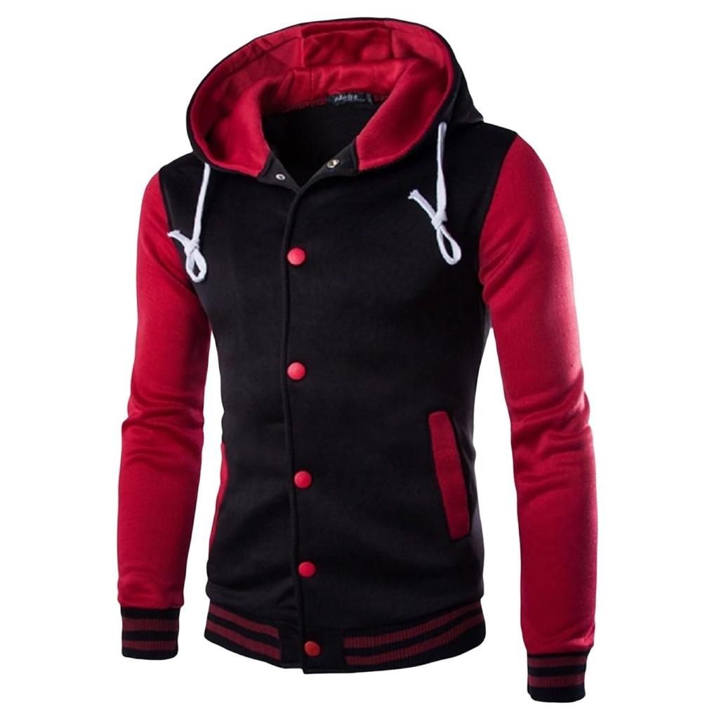 Men's Slim Fit Baseball Jacket Casual Sports Hooded Fleece Lined Button Pullover Sweatshirt With Pocket