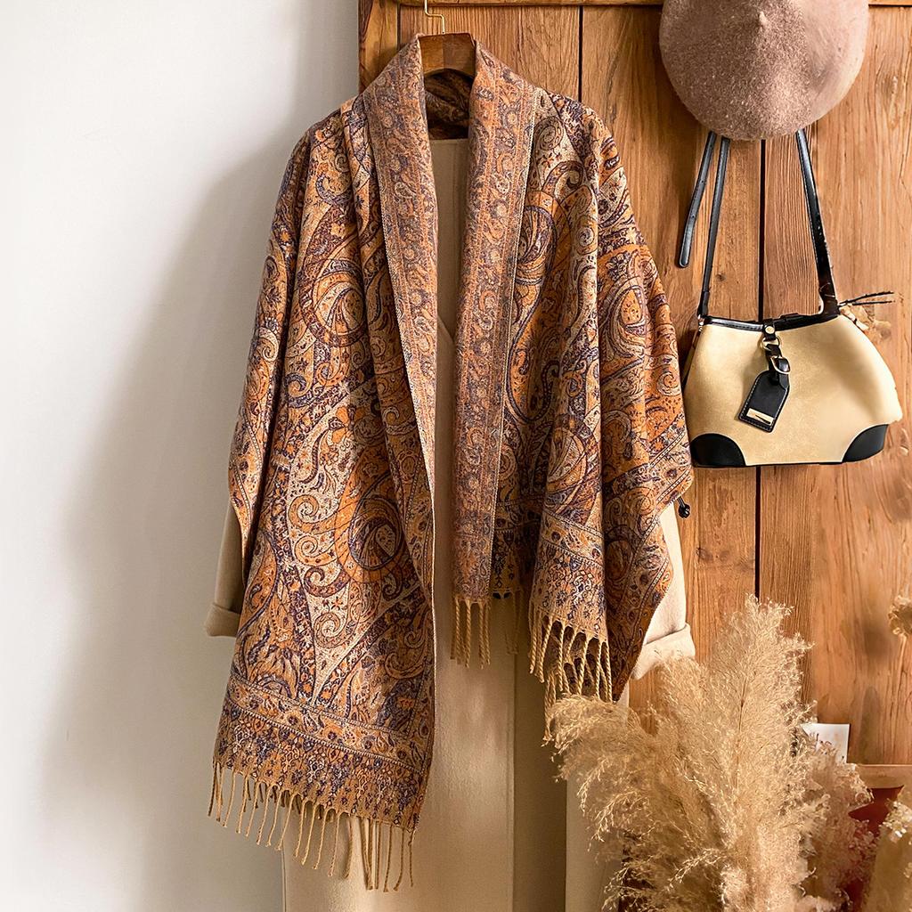 Rand Fashion Dámský zimní kašmírový šál - Vintage květinový potisk s třásněmi ve stylu olejomalby Pašmína Silný přehoz & Šála