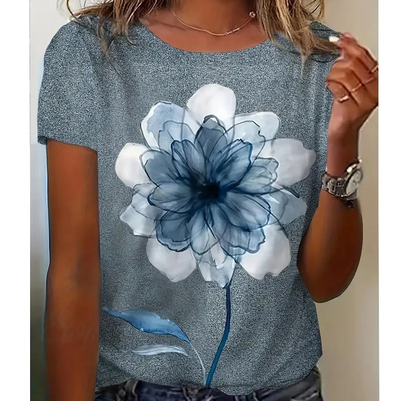 Women Summer T Shirt Retro Fashion Short Sleeve Tees Casual Flower Printed  Tops
