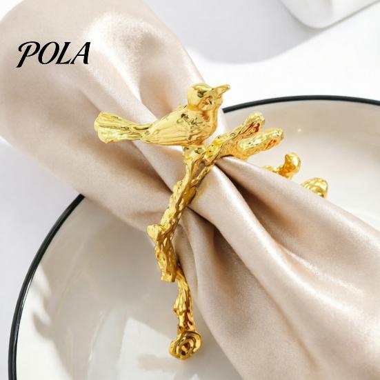 Hollow Design Napkin Ring Ring, Vintage Branch & Bird with Gold Finish, Open-End Holder for Plated Cloth Linen Dinner Napkins, Wedding Banquet