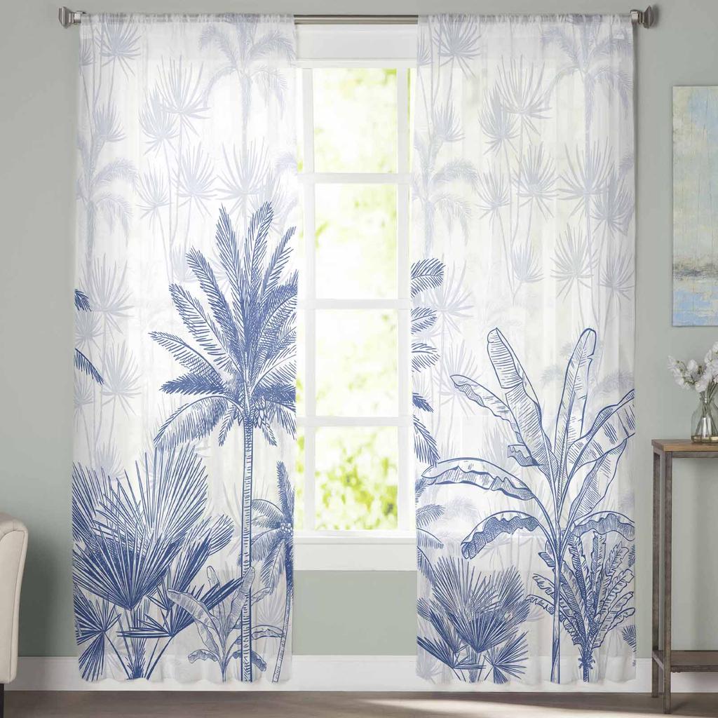 Summer Palm Trees Voile Sheer Curtains Living Room Window Tulle Curtain Kitchen Bedroom Drapes Home Decor