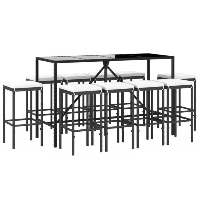 VidaXL Ensemble de bar de jardin 11 pcs avec coussins noir poly rotin, ensemble de table de bar, table et chaise de bar, 3187639