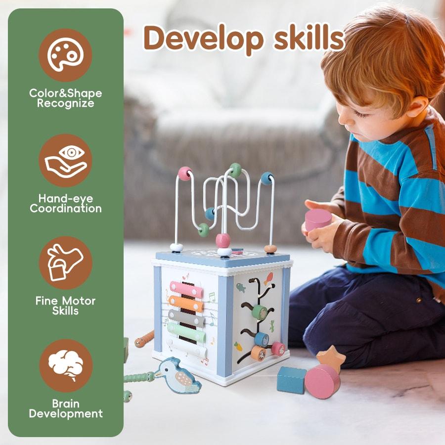 Wooden Activity Cube, 5 In 1 Activity Cube,Multifunctional Treasure Box Activity Toys,Featuring Shape Sorting ,Stacking Blocks,Xylophone,Easter Gifts