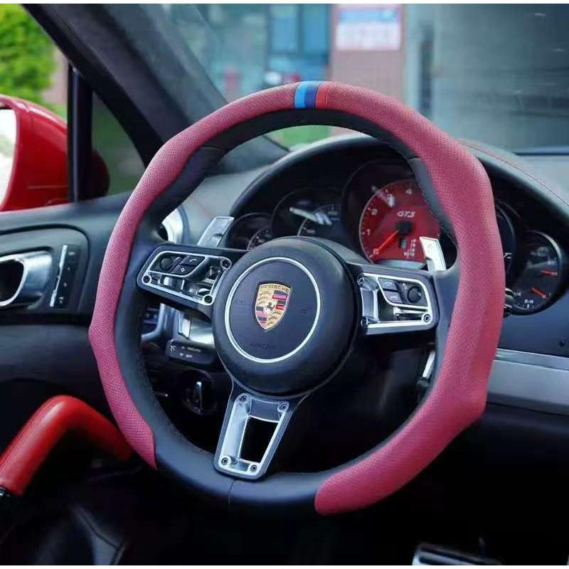 Universal Nappa Leather Steering Wheel Cover Thin Lightweight Anti-Slip Sweat Absorbent Sport Style 38cm Diameter