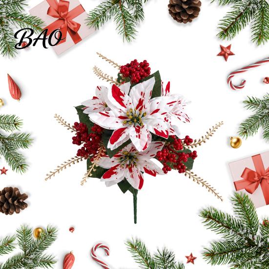 Vibrant Lush Fake Plant Decor 5/7/10/12 Heads Artificial Poinsettia Flowers, Christmas Floral Berry Centerpiece, Outdoor UV Resistant Greenery