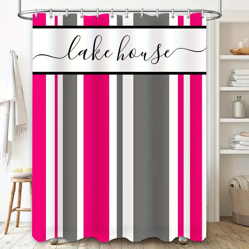 Lake House Shower Curtain Modern Striped Design with Fresh Color Scheme for Bathroom Decorations Pink Gray White Yellow Black Cu