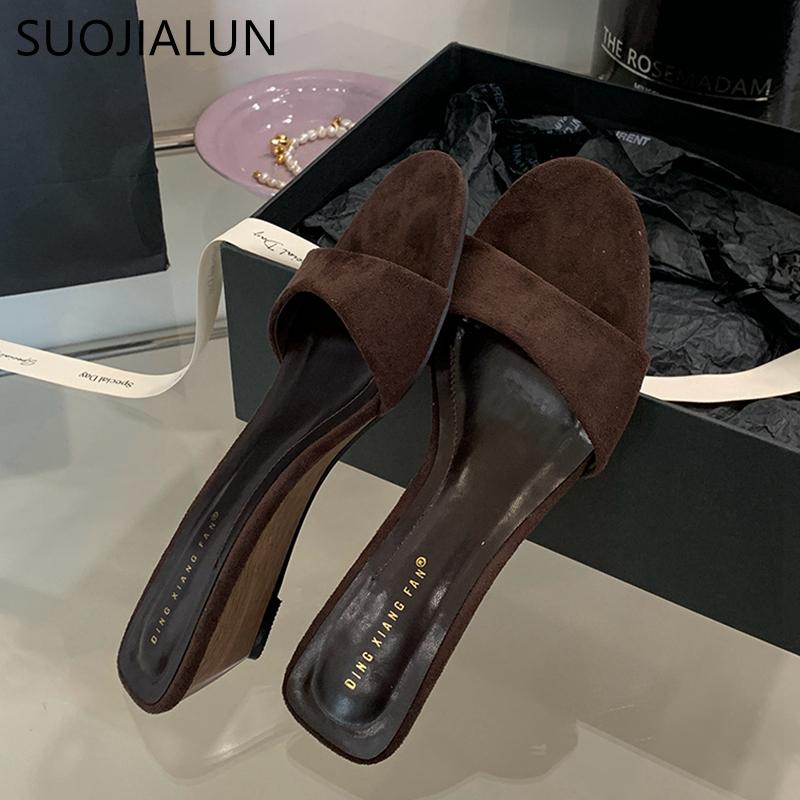 Fashion SUOJIALUN 2025 Summer New Women Slipper Fashion Low Wedge Heel Ladies Elegant Slides Open Toe Outdoor Dress Sandal Shoes