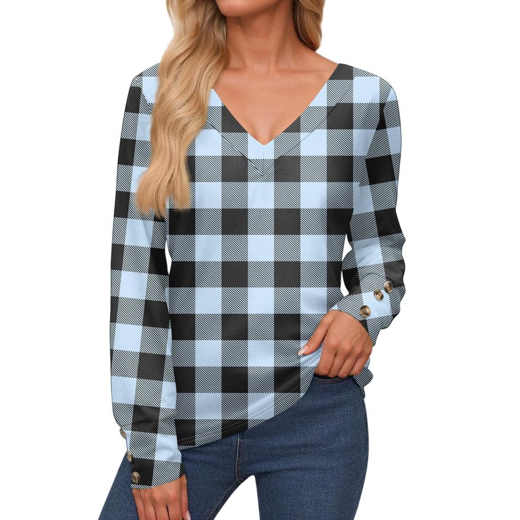 Women's Tops Long Sleeves Cuffs Button Shirt V Neck Casual Loose Tee Plaid, Patchwork Color Tops