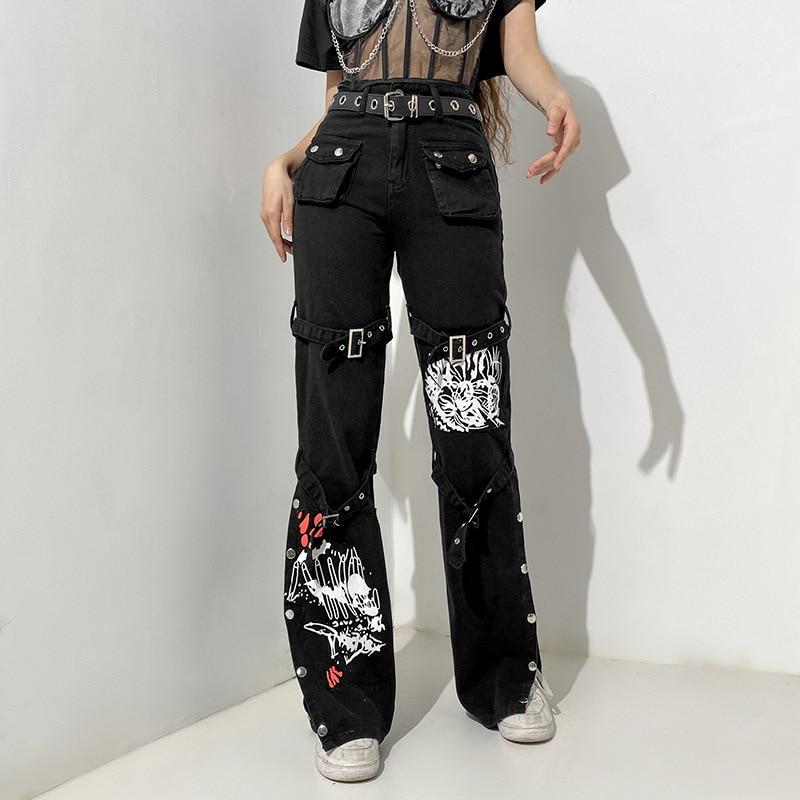 Buy InsGoth Y2K Punk Skull Print Black 