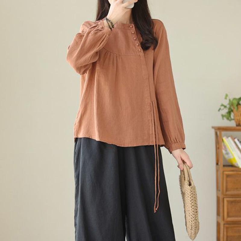 Jesienna Bawełniano-Lniana Koszulka z Długim Rękawem: Literacki, Retro, Odchudzający, Luksusowy Damski Top.