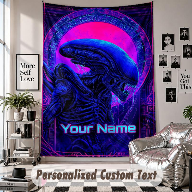 Custom Tapestry Wall Hanging, Alien Xenomorph Personalized Name Text Home Wall Decor
