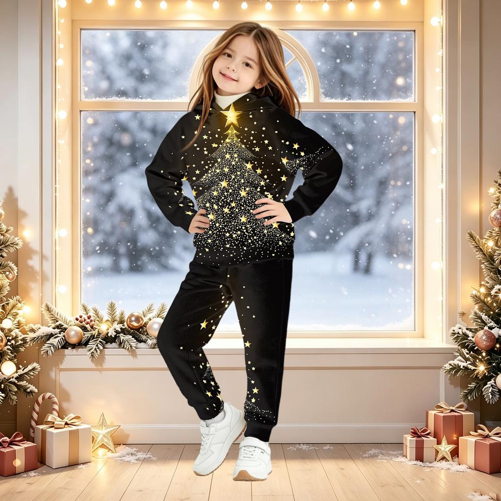 Kids Christmas Print Hoodie Set - Children's Hooded Pullover Top for Boys and Girls
