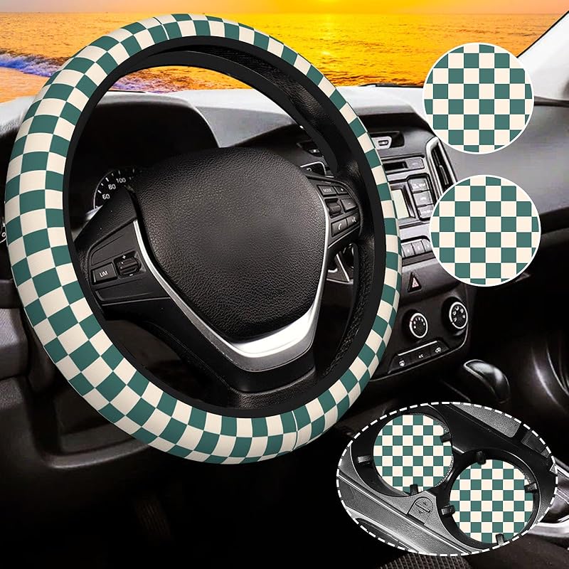 Khaki Checkered Steering Wheel Cover For Women,Universal Auto Steering Wheel 14-15 Inch Car Interior Accessories With 2PCS Car Coasters,Suitable For