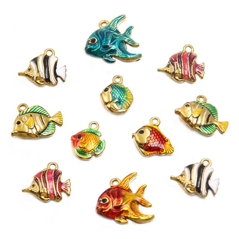9 Styles Stainless Steel 18K Gold Colorful Enamel Ocean Series Fish Pendant DIY Necklace Bracelet Charms