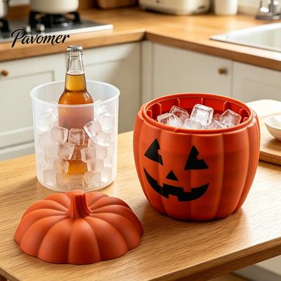 Wiederverwendbarer Silikon-Kühlbecher Halloween Eisform, Kürbis-Geist-Tablett mit Abtropfkorb, 2 Camping Tragbar 2-in-1 Gefrierschrank Getränkekühler für
