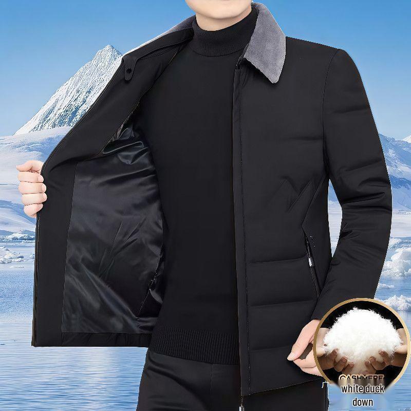 Men's Middle-Aged Warm Down Jacket with Detachable Fur Collar and Fleece Lining