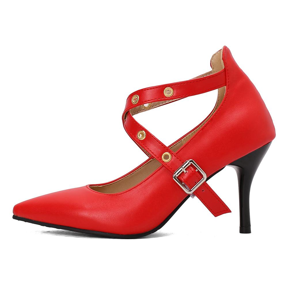 Fashion Pumps High Heel Women New Cross Straps Buckle Wedding Shoes Shallow Pointed Single Shoes Model Nightclub Sexy Plus Size 34-48