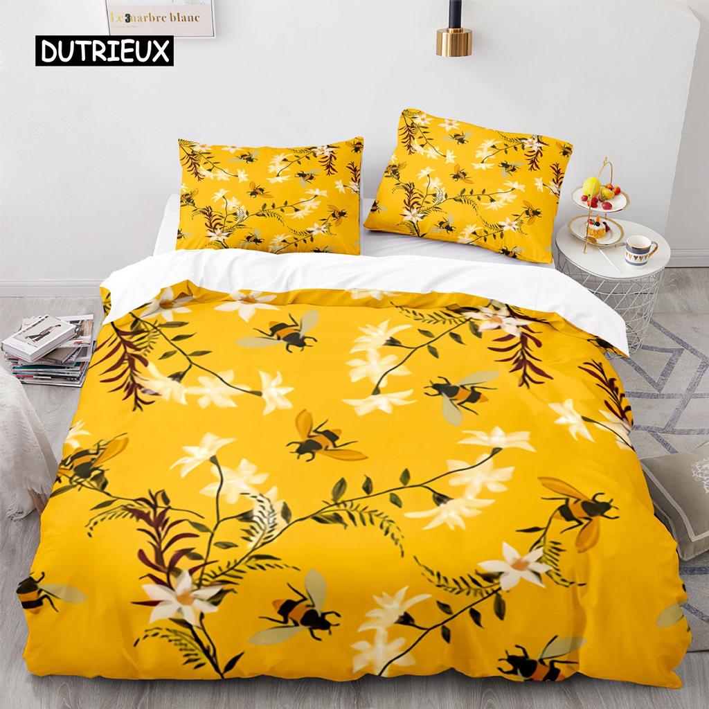 Bienen Bettbezug Set Queen Mikrofaser Floral Bettwäsche Set für Teenager Mädchen Frühling Frisches und Natürliches Thema 2/3 Teile Bettdeckenbezug
