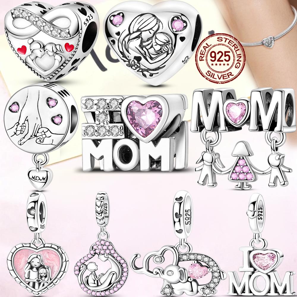 Original 925 Silver Charm Bead Mother's Day Love Heart Family Charms Beads Pendants Fit Bracelet Women Jewelry Gifts