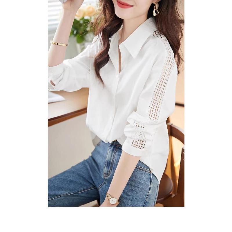 Women's White Lapel Blouse Hollow Out Lace Detail Long Sleeve Button Loose Casual Office Shirt