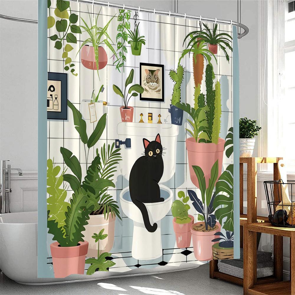 Plant Shower Curtain Cats Green Potted Plants Leaves Cat on the Toilet Modern Bathroom Decor Polyester Fabric Bathtub Curtain