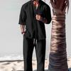 Set Due Pezzi Uomo Casual Cotone Lino Moda Larga Scollo a V Manica Corta Top e Pantaloni Completi Abbigliamento Stile Spiaggia Uomo Estate