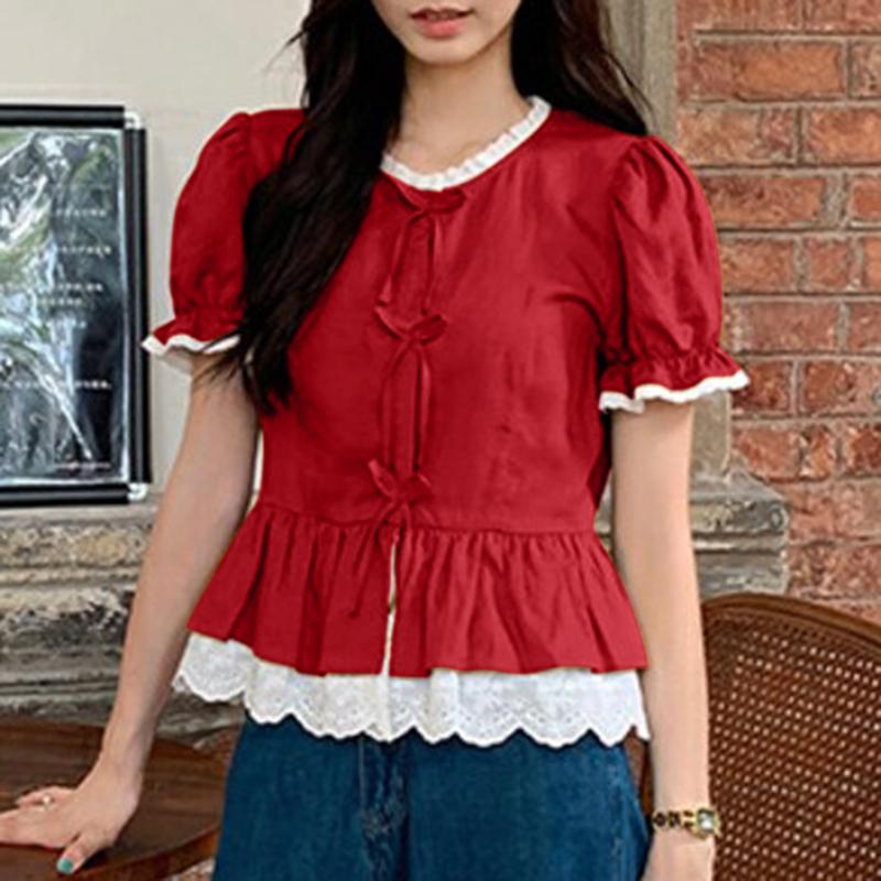 VONDA Women Summer Round Neck Puff Short Sleeve Lace Hem Blouses