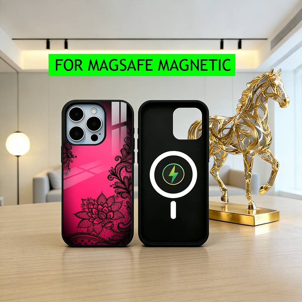 Beautful Black L-lace Print Phone Case For iPhone17,16,15,14,13,12,11 Plus,Pro Magnetic For Magsafe Wireless Charging