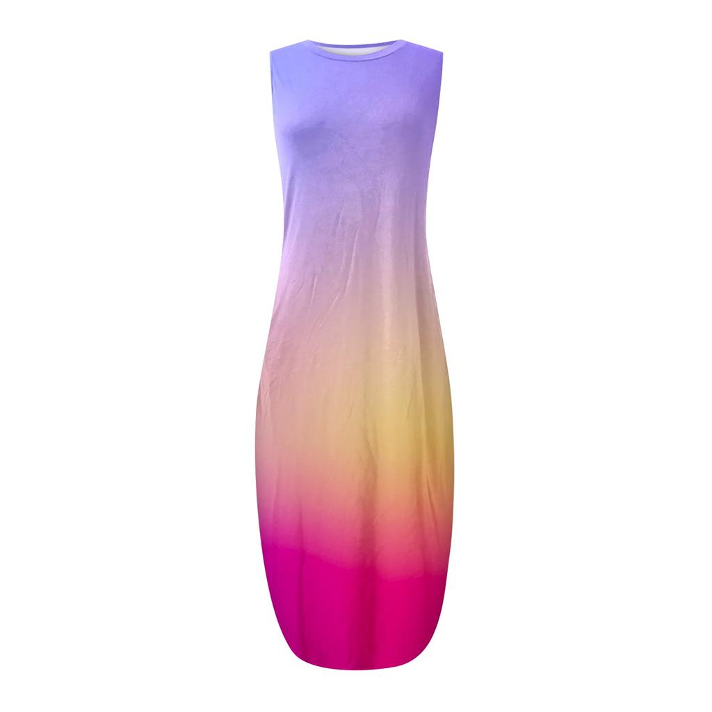Women Sleeveless Casual Maxi Dress Round Neck Printed Beachwear Summer Long Dress with Side Pockets Lightweight Loose Fit