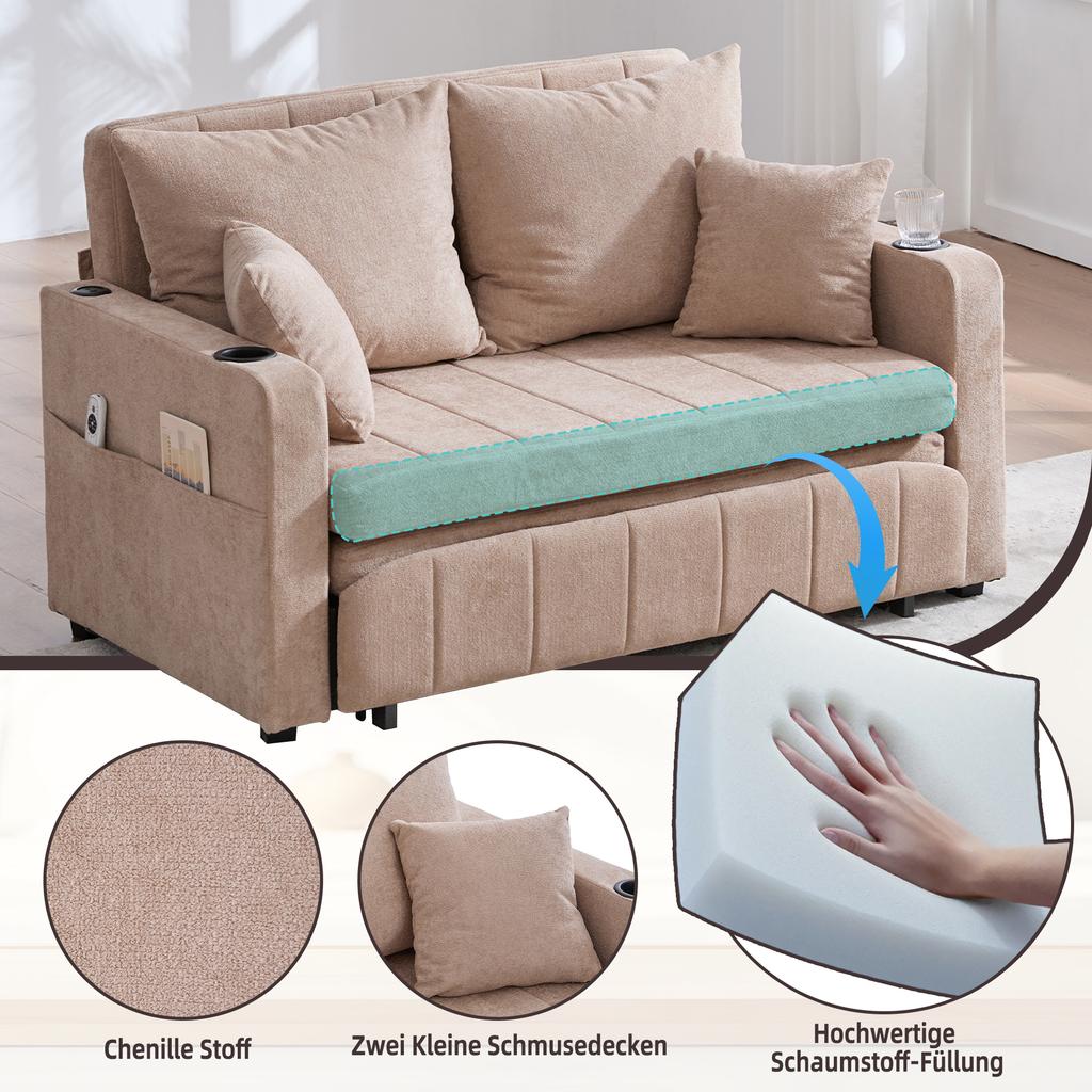 Multifunctional Fabric Sofa, Pull-Out Folding Sofa, with Storage Pockets on the Armrests, with USB Charging Function and Cup Holders (khaki, Chenille)