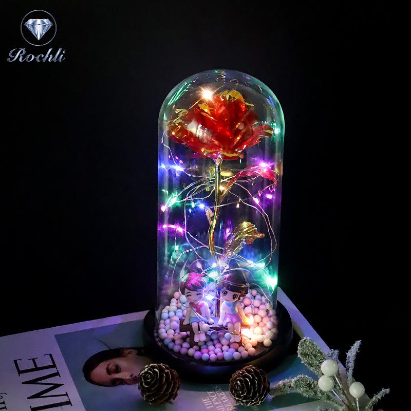 Rose Flower Preserved in Glass Dome with Night Light - Mother's Day or Birthday Gift Ornament