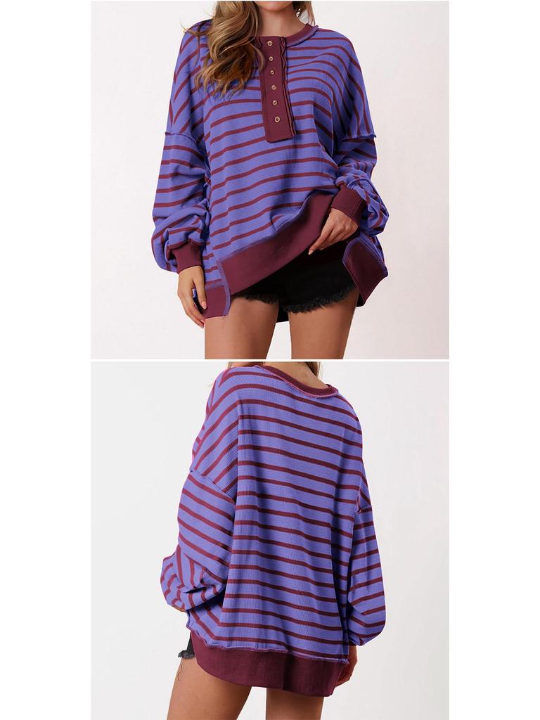 Color Block Long Sleeve Striped Button-Up Casual Sweater for Women - Autumn/Winter