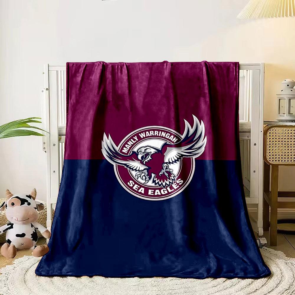 

A bold eagle logo with text, split background in maroon and navy. for all seasons blanket lunch break throw gift 80cm x 120cm