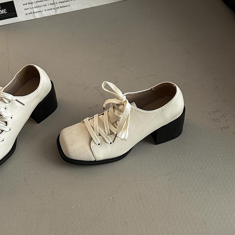 

Повседневные туфли Мэри Джейн на шнуровке в стиле ретро Мори, темпераментные, на толстом каблуке, одинарные, новая осенне-зимняя уличная обувь 40 бежевый